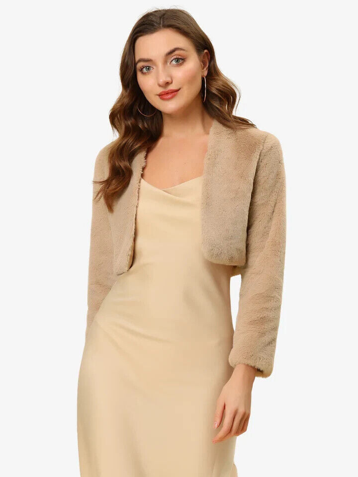 Allegra K Faux Fur Evening Open Front Bolero Cropped Jacket Shrug, Khaki, Large