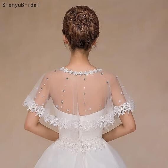 Women's Wedding Jackets Lace Bridal Bolero Shawl Tulle Cape for Bride Shrug, 9