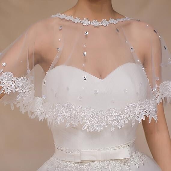 Women's Wedding Jackets Lace Bridal Bolero Shawl Tulle Cape for Bride Shrug, 9