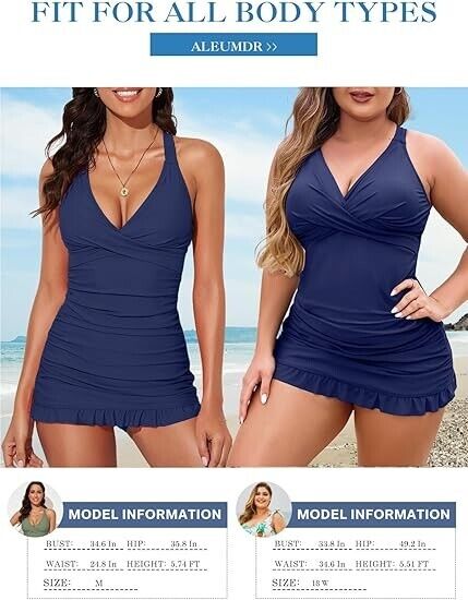Aleumdr Women Retro Tankini Swimdress Tummy Control TwoPiece Bathing Suit Blue M