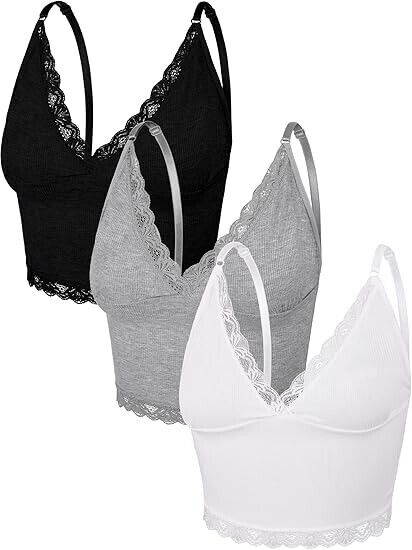 3 Pieces Women's Rib Knit Cami Tops Lace Trim Sleeveless Crop Top Camisole XL