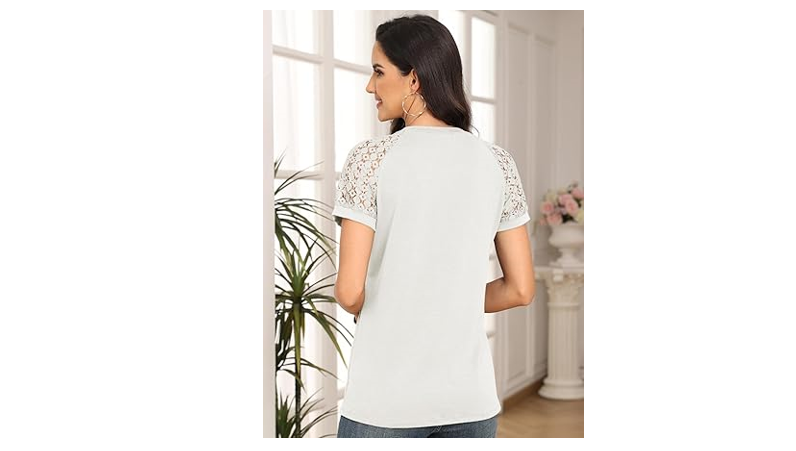 AUTOMET Womens Tshirts Trendy Fashion Tops Lace Short Sleeve Business, M