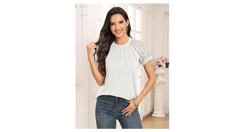 AUTOMET Womens Tshirts Trendy Fashion Tops Lace Short Sleeve Business, M