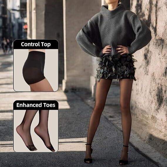 Citystl 3 Pair Black Sheer Tights for Women- 20D Resist Tears Control Top, Blk S