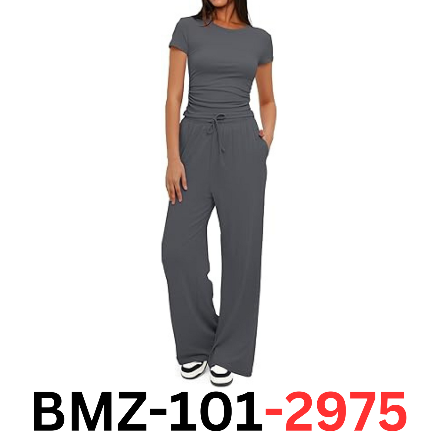 Darong Two Piece Outfit for Women Crew Neck T-shirt High Waist Wide Leg Pants, L