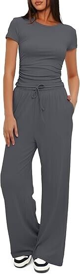 Darong Two Piece Outfit for Women Crew Neck T-shirt High Waist Wide Leg Pants, L