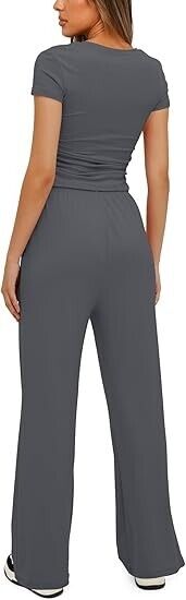Darong Two Piece Outfit for Women Crew Neck T-shirt High Waist Wide Leg Pants, L