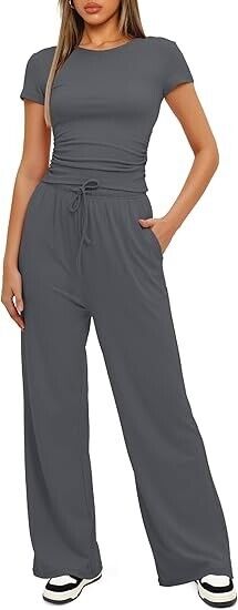 Darong Two Piece Outfit for Women Crew Neck T-shirt High Waist Wide Leg Pants, L