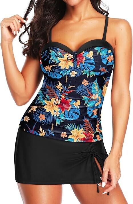 Yonique Womens Underwire Tankini Swimsuits with Skirt Two Piece Bathing Suits, L