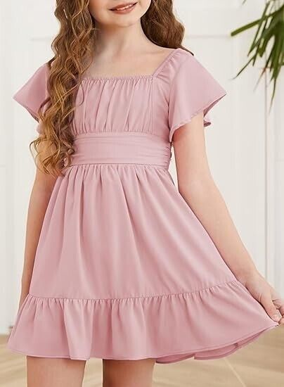 DOKOTOO KIDS Girls Casual Ruffle Short Sleeve Back Tie Graduation Dress 8-9 Year