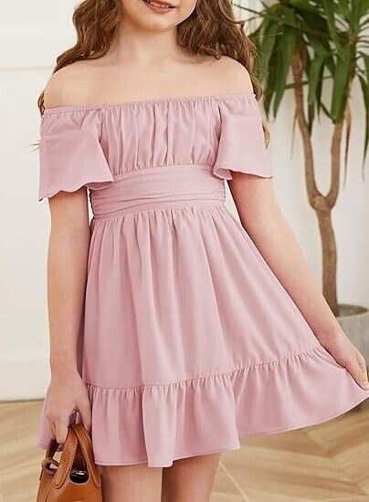 DOKOTOO KIDS Girls Casual Ruffle Short Sleeve Back Tie Graduation Dress 8-9 Year