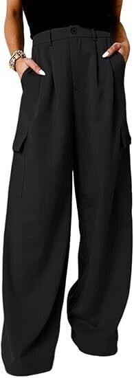 Dokotoo Women's Cargo Black Work Slacks Pants Baggy Wide Leg Trousers, 18 Petite