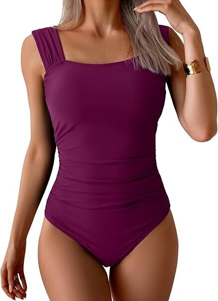 B2prity Women One Piece Swimsuit Retro Square Neck Tummy Control Bathing Suit, S