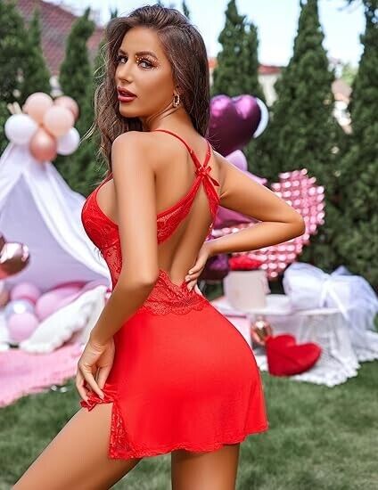 Avidlove Women's Lace Chemise Sleepwear Babydoll Teddy Lingerie, Naughty Red, S