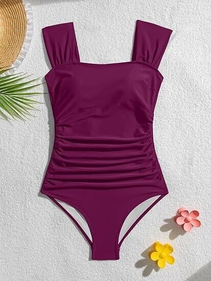B2prity Women One Piece Swimsuit Retro Square Neck Tummy Control Bathing Suit, S