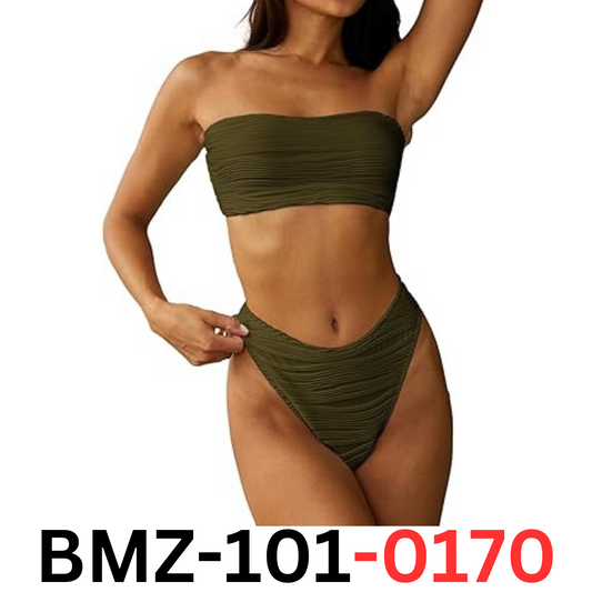 ZAFUL Women Strapless Textured Bandeau Bikini 2pc Cheeky Solid Lace Swimwear, L
