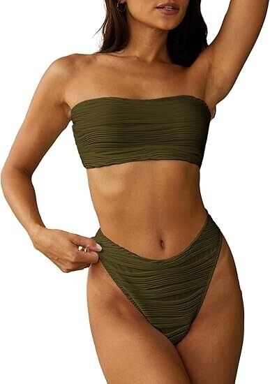 ZAFUL Women Strapless Textured Bandeau Bikini 2pc Cheeky Solid Lace Swimwear, L