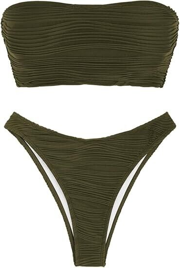 ZAFUL Women Strapless Textured Bandeau Bikini 2pc Cheeky Solid Lace Swimwear, L