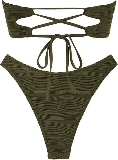 ZAFUL Women Strapless Textured Bandeau Bikini 2pc Cheeky Solid Lace Swimwear, L