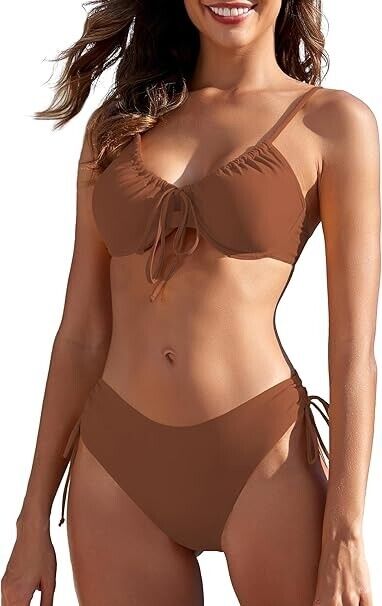 ZAFUL Women's 2 Piece Tie Front Bikini Set Underwire Lace Up Swimsuit, Coffee, M