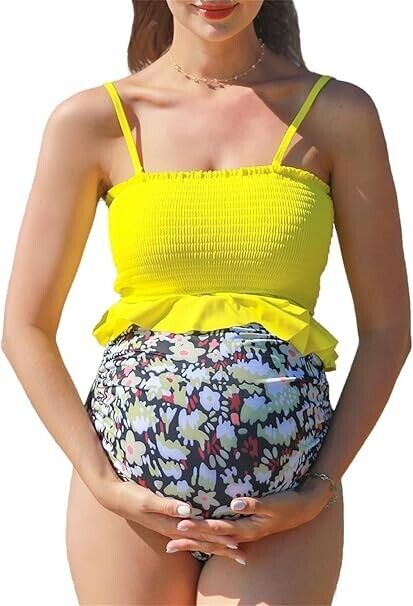 Summer Mae Maternity High Waist Swimsuit Ruffle Hem Bikini Bathing Suit, X-Large
