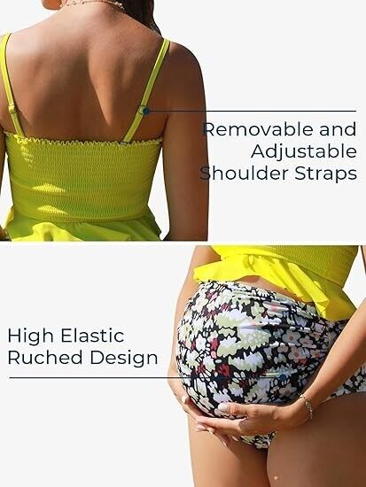 Summer Mae Maternity High Waist Swimsuit Ruffle Hem Bikini Bathing Suit, X-Large