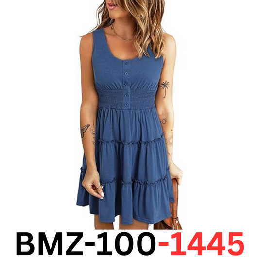 Dokotoo Women's Sundresses Sleeveless Button Down Smocked Elastic Waist Dress, L