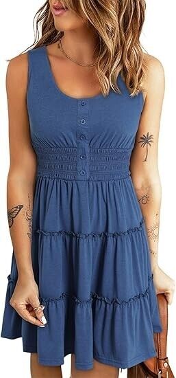 Dokotoo Women's Sundresses Sleeveless Button Down Smocked Elastic Waist Dress, L