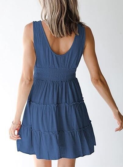Dokotoo Women's Sundresses Sleeveless Button Down Smocked Elastic Waist Dress, L