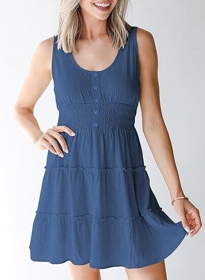 Dokotoo Women's Sundresses Sleeveless Button Down Smocked Elastic Waist Dress, L