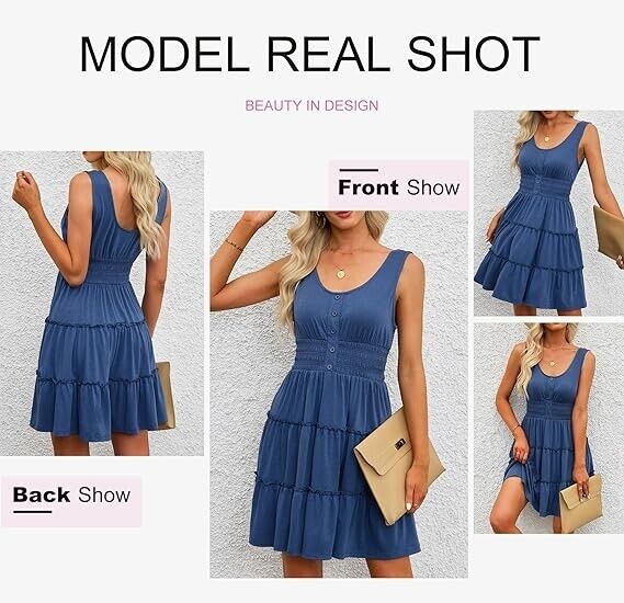 Dokotoo Women's Sundresses Sleeveless Button Down Smocked Elastic Waist Dress, L
