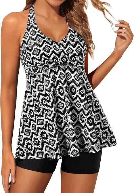Yonique Two Piece Tankini Swimsuit Women with Shorts Halter VNeck Bathing Suit M
