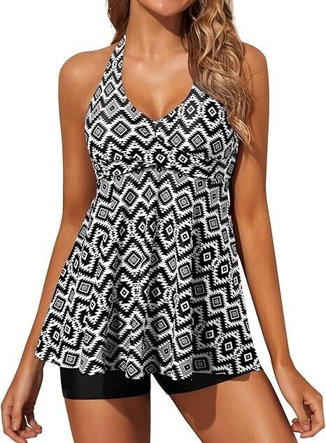 Yonique Two Piece Tankini Swimsuit Women with Shorts Halter VNeck Bathing Suit M