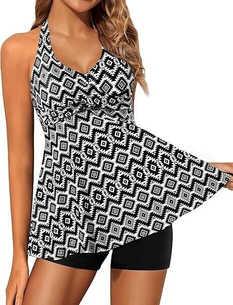 Yonique Two Piece Tankini Swimsuit Women with Shorts Halter VNeck Bathing Suit M