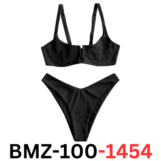ZAFUL Women's Ribbed Underwire Bikini High Cut V-Notch Smocked Swimwear Black XL
