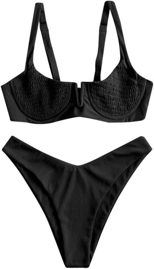 ZAFUL Women's Ribbed Underwire Bikini High Cut V-Notch Smocked Swimwear Black XL