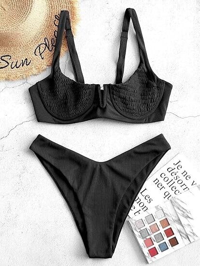 ZAFUL Women's Ribbed Underwire Bikini High Cut V-Notch Smocked Swimwear Black XL