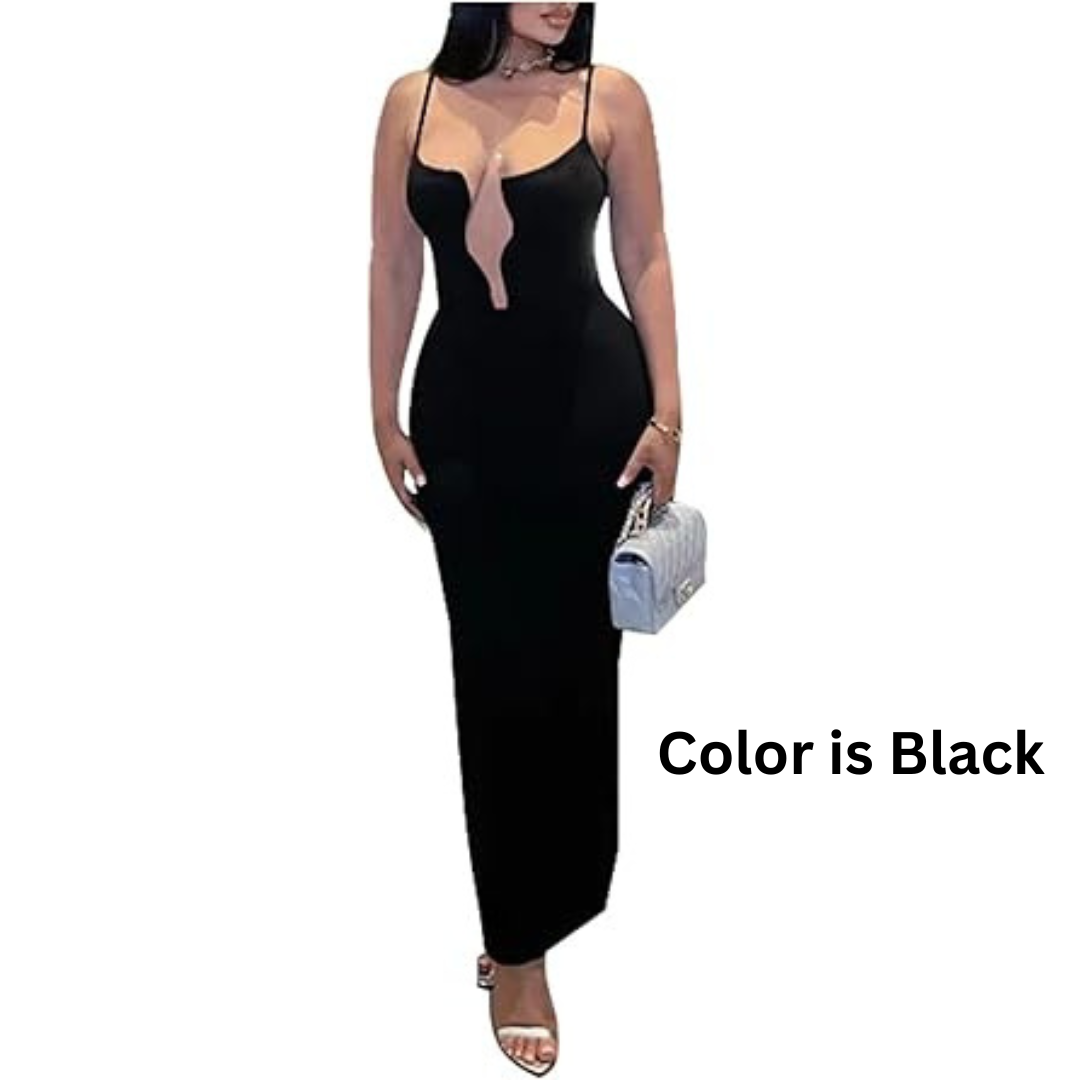 Ekaliy Women Summer Sexy V-Neck Long Dresses Adjustable Spaghetti Strap Dress, M