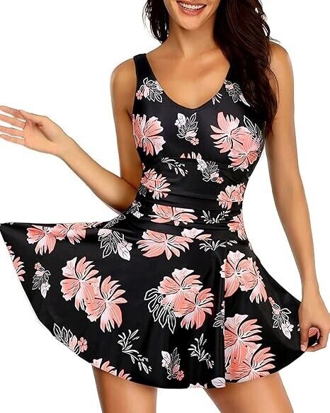 Yonique Women's One Piece Swimsuit Modest Tummy Control Vintage Swimdress Pink M