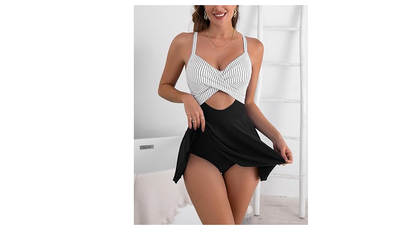 B2prity Women Cutout One Piece Skirt Swimsuit V Neck Wrap Tie Back Swimdress, S