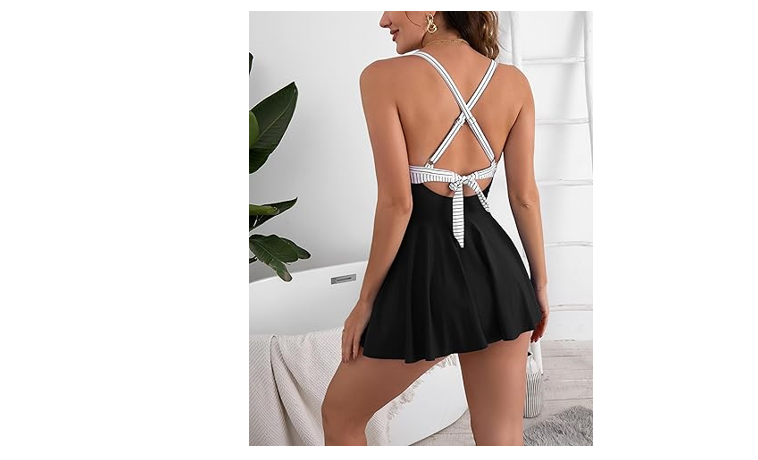 B2prity Women Cutout One Piece Skirt Swimsuit V Neck Wrap Tie Back Swimdress, S
