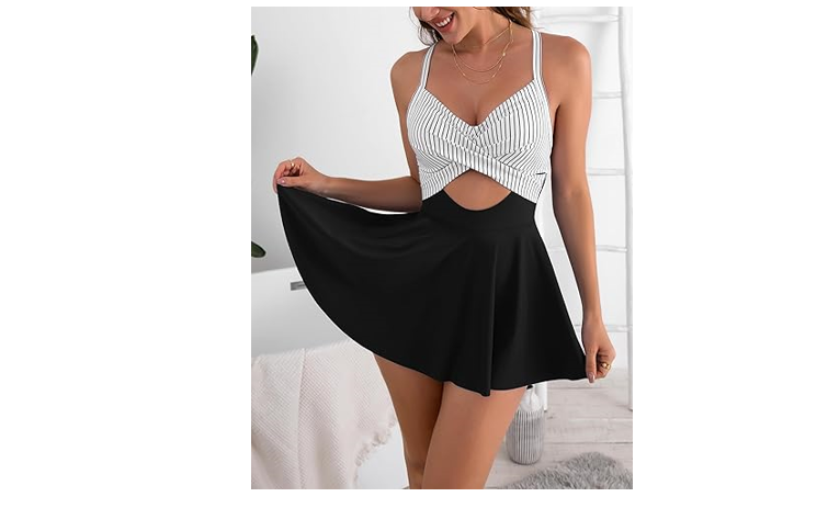 B2prity Women Cutout One Piece Skirt Swimsuit V Neck Wrap Tie Back Swimdress, S