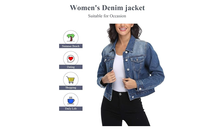 andy & natalie Women's Cropped Denim Jackets Casual Long Sleeve Basic Button, XS