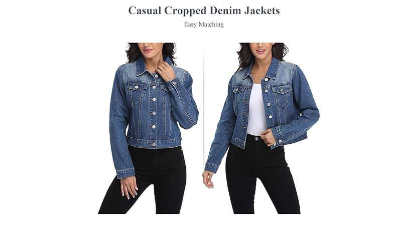 andy & natalie Women's Cropped Denim Jackets Casual Long Sleeve Basic Button, XS