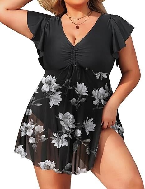 Yonique Women Plus One Piece Tummy Control Swimdress Ruffle Sleeve Swimsuit, 22W
