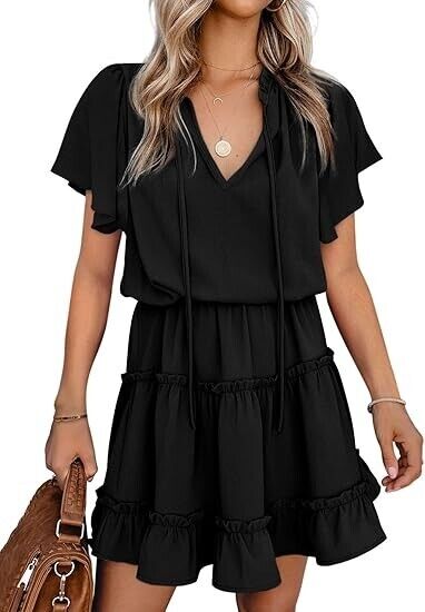 Dokotoo Women Cute Summer Spring Summer Casual Sexy Deep V-Neck Chiffon Dress XL