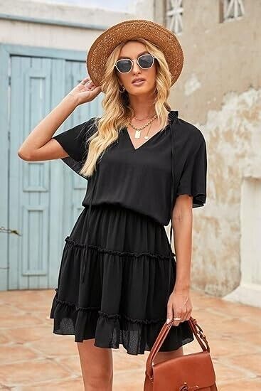 Dokotoo Women Cute Summer Spring Summer Casual Sexy Deep V-Neck Chiffon Dress XL