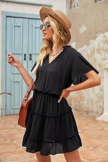 Dokotoo Women Cute Summer Spring Summer Casual Sexy Deep V-Neck Chiffon Dress XL
