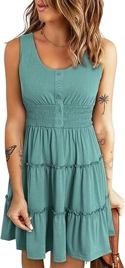 Dokotoo Women Summer Sleeveless Button Down Smocked Empire Waist Ruffle Dress, M