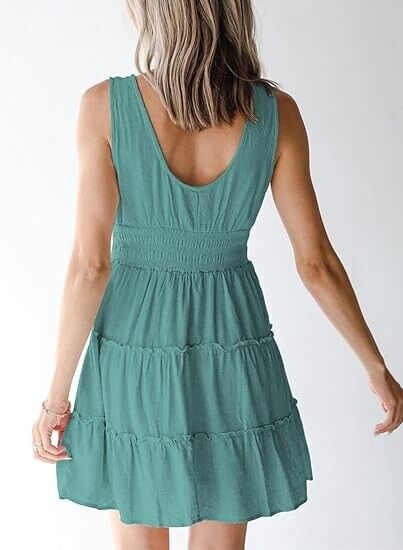 Dokotoo Women Summer Sleeveless Button Down Smocked Empire Waist Ruffle Dress, M